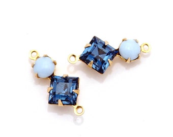 18x9 2 ring settings with vintage montana sapphire Swarovski square and light blue glass stones - prong set in brass - 2pc