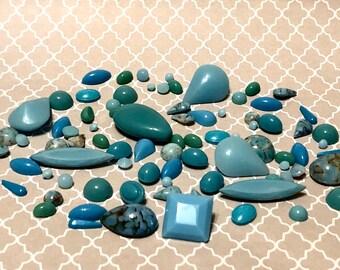 Over 80 Vintage Glass Turquoise Matrix, Calcedony, Aqua, and Creamy Blue rhinestones in assorted shapes and sizes