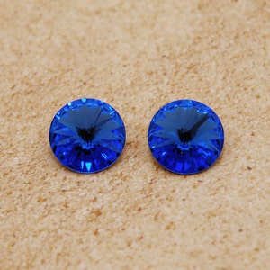 14mm Swarovski Rivoli in Sapphire Blue Gold Foiled Vintage Swarovski round rhinestones with pointed backs Large size 2 pc image 1