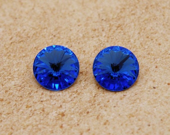 14mm Swarovski Rivoli in  Sapphire Blue - Gold Foiled - Vintage Swarovski round rhinestones with pointed backs - Large size - 2 pc