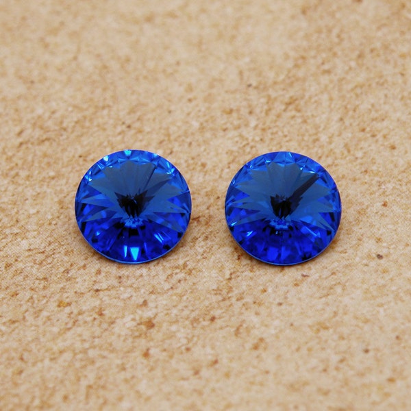 14mm Swarovski Rivoli in  Sapphire Blue - Gold Foiled - Vintage Swarovski round rhinestones with pointed backs - Large size - 2 pc