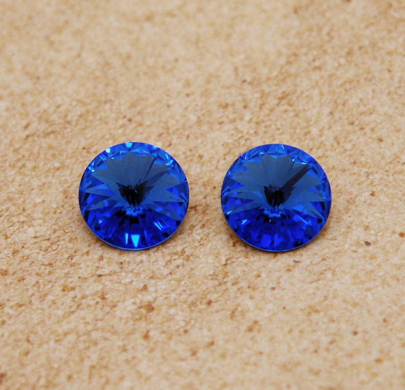 14mm Swarovski Rivoli in Sapphire Blue Gold Foiled Vintage Swarovski round rhinestones with pointed backs Large size 2 pc image 1