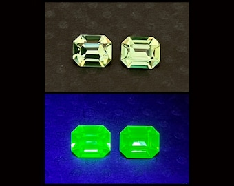 RARE 8x6.5 fully faceted green emerald cut uranium glass gems - Glows in black light UV peridot Vaseline glass foiled back octagon shape 2pc