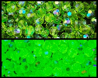 12 pieces 6mm faceted green uranium glass beads vintage peridot AB Vaseline glass UV light reactive glows uv beads