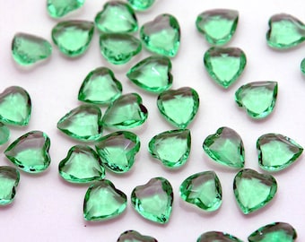 10x9 Peridot Green Hearts - Vintage glass faceted jewels - gorgeous unfoiled rhinestones - 6pc