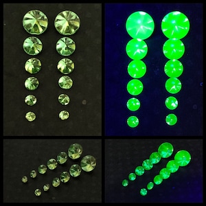 12 pieces in 6 sizes 3mm-8mm RARE buff top vintage uranium glass rhinestones ALL round glows in black light Peridot chatons cab top smooth
