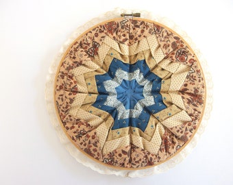 Vintage Blue and Tan Folded Star 9.5" Hoop Wall Hanging