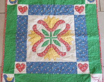 Vintage Baby Quilt or Lap Blanket, Hand Stitched Calico Folk Quilt 32 x 32 Inches