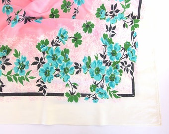 Vintage 1950's Pink with Turquoise Rose Flowers, Black Trim Tablecloth, 43 x 54 Inches