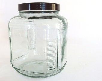 Vintage Gallon Square Ridged Jar with Brown Plastic Lid, 1980's