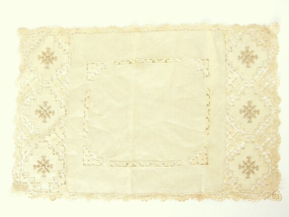 Linen Dresser Scarf Vintage Beige Lace Cutwork Placemat Etsy
