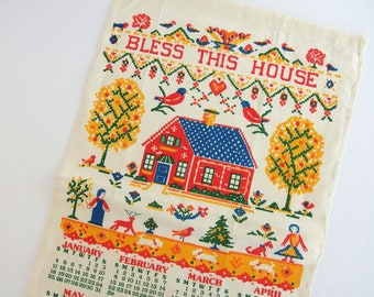 Linen 1976 Calendar, Bless This House Kitchen Tea Towel or Wall Decor, Red, Yellow, Blue and Green