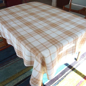 Brown Plaid Woven Tablecloth, Vintage 1970's Albert Nipon Sunweave, 60 x 84 Inches image 1