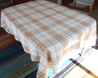 Brown Plaid Woven Tablecloth, Vintage 1970's Albert Nipon Sunweave, 60 x 84 Inches