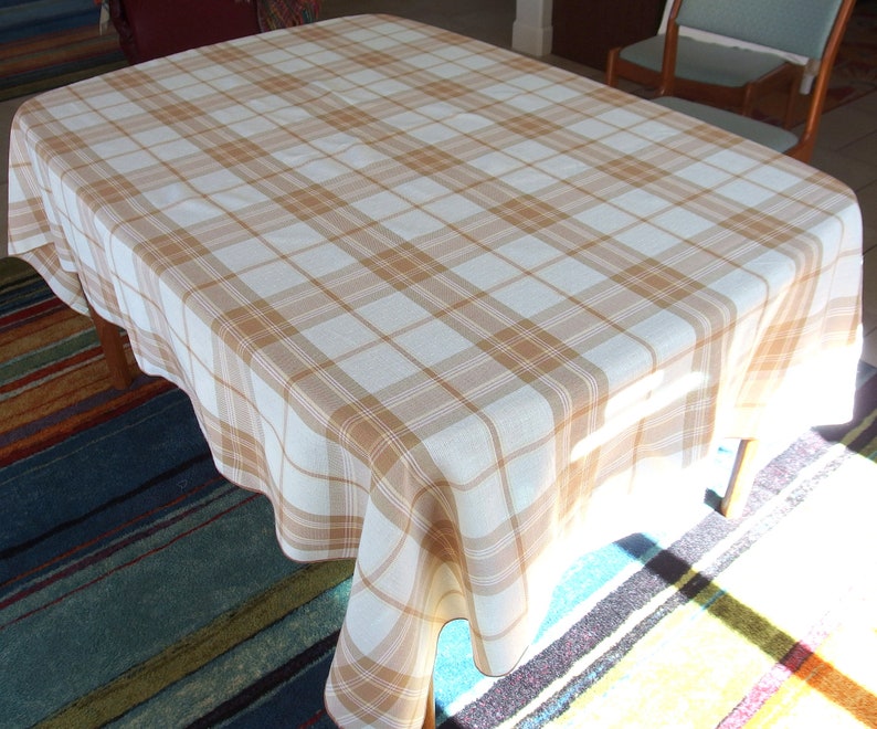 Brown Plaid Woven Tablecloth, Vintage 1970's Albert Nipon Sunweave, 60 x 84 Inches image 1