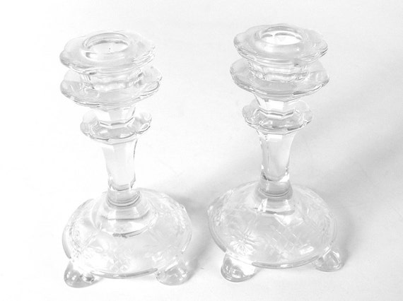 2 Vintage Clear Glass Toed Staunton by Fostoria Candlesticks 5 1/4 Inches Tall, 2470 1/2