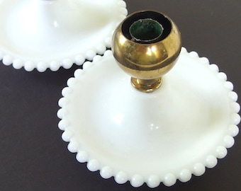 2 Vintage 1950's Candlesticks, Milk Glass and Brass Candle Holders