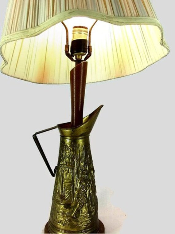 Vintage Mid Century Brass Pitcher Table Lamp with Shade Etsy