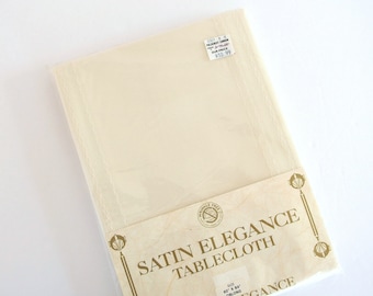 Vintage Ivory Satin Elegance Tablecloth, Oblong Wrinkle Free Tablecloth, 60 x 84 Inches, NIP