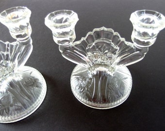 2 Vintage Clear Glass Double Candlesticks - Jeannette IRIS Double Light Candle Holders, Candelabrum