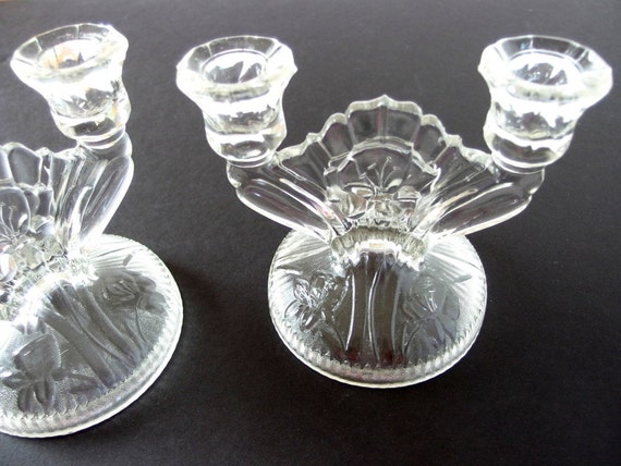 2 Vintage Gothic Clear Glass Double Candlesticks - Jeannette IRIS Double Light Candle Holders, Candelabrum