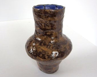 Handmade Rustic Vase, Tall, Bulging Mottled Brown Container