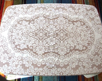 Ivory Lace Tablecloth, Vintage 1970's Floral Organza, 60 x 92 Inches