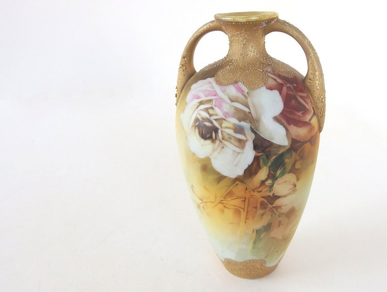 Signed Vintage Gold Hand Painted Vase - Roses - Etsy