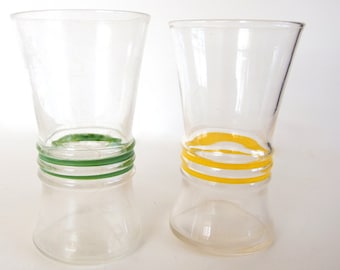 2 Vintage Glasses - Green and Yellow Ribbed, Indented Water Glasses