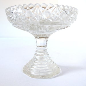 Puede incluir: Un cuenco de cristal transparente con pedestal y diseño de cristal tallado. El cuenco tiene una base ancha y poco profunda y un tallo alto y delgado.