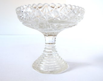 Vintage Crystal Candy Dish; Cut Glass Compote; Etched, Stepped Base Pedestal Compote