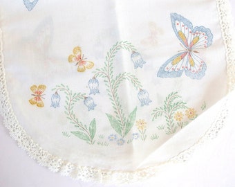 Vintage 1970's Butterfly and Flowers Stamped, Unfinished Dresser Runner Scarf, 12.5 x 42 Inches