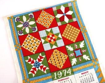 Linen 1974 Calendar, Quilt Blocks Kitchen Tea Towel or Wall Decor, Red, Gold, Green, Blue