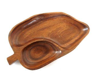 Wood Chip and Dip Bowl, Vintage Monkey Pod Leaf Serving Platter, Alii Hawaiian Wood Tray