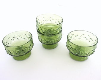 4 Retro Dishes Avocado Green Footed Champagne Barware / Sherbet Glasses, Vintage 1970's