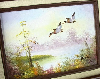 Vintage 1980's Framed Painting - Ducks in Flight over a Lake, Landscape Picture