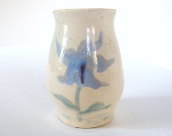 Cream and Blue Stoneware Vase, Signed Floral Pottery