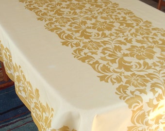 Mod Gold Sheer Accent Tablecloth, Vintage 1970's Floral Organza, 64 x 90 Inches