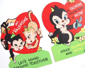 2 UNUSED Vintage School Valentine Cards - Monkey and Gopher