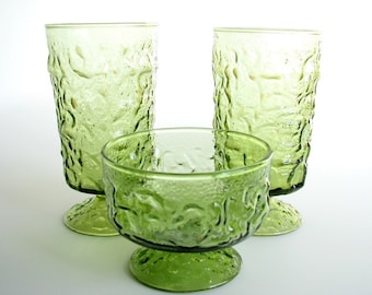 3 Retro Dishes Avocado Green Footed Parfait and Sherbet Glasses, Vintage 1970's, Set of Three