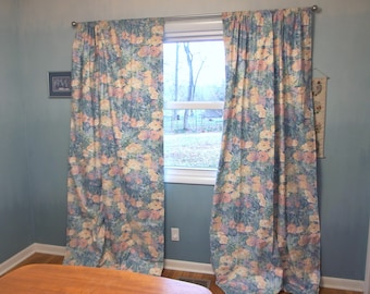 Vintage 1990's Floral Drapes with Valances, Monet Waterlily Style, 48x92