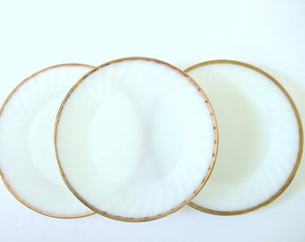 3 Vintage Mid Century White Fire King Gold Swirl Dinner Plates