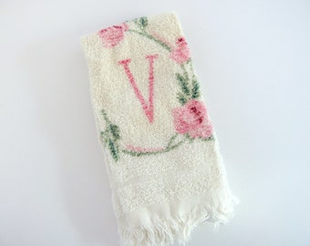 Vintage 1950's Small Guest Hand Towel, White with Pink "V" Initial and Roses, 16 x 11"