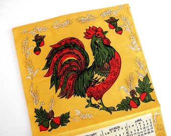 1975 Rooster Calendar, Chicken and Acorn Kitchen Tea Towel or Wall Decor, Yellow, Red, Green, and Brown