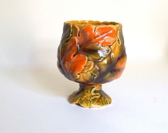Vintage 1970's Decor - Autumn Leaves Footed Vase or Planter - Relpo 6276