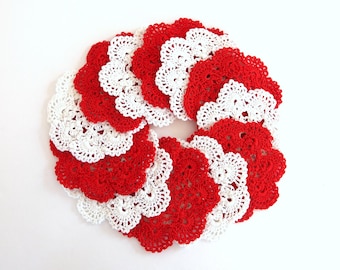 6 Red and 6 White Vintage Doilies, Vintage Handmade Crocheted Round Doily, Thick Thread, 4.5 Inches