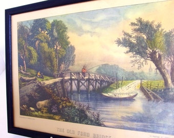 Vintage Framed Currier and Ives Lithograph - The Old Ford Bridge