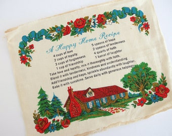 Linen Happy Home Recipe Kitchen Tea Towel or Wall Decor, Red, Blue, Green and Brown