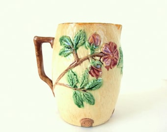 Antique Majolica Pitcher - Wild Roses on Tree Bark Texture