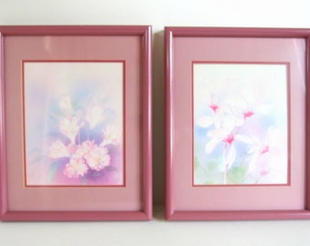 2 Vintage Framed Print - Pink Watercolor Prints in Dark Pink Picture Frames